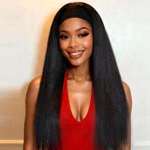 Woman's Romance Headband Wig For Black Women Kinky Straight Headband Wig Human Hair 180% Density Yaki Straight Headband Wigs Wear and Go Glueless Wig Human Hair Machine Made Natural Black (20in)