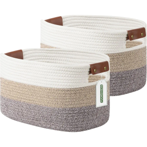 Cotton Rope Basket, Storage Baskets with Handle, 15x10x9 Inch Woven Basket for Shelves, Laundry, Towels, Clothes, Books, (Gradient Brown 2 Pack)