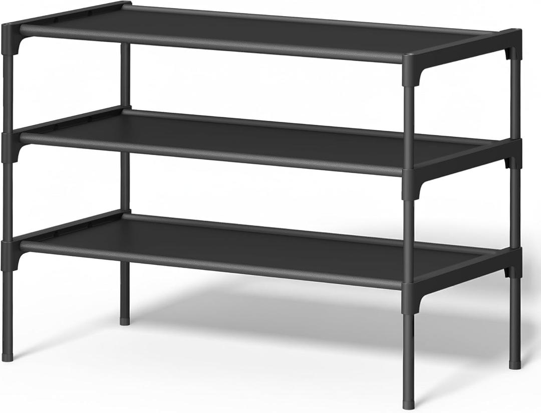 SONGMICS Shoe Rack, 3-Tier Shoe Storage Organizer, Space-Saving, 11.7 x 24.5 x 21 Inches, Entryway, Metal Frame, Non-Woven Fabric Shelves, Ink Black ULSH023BH01