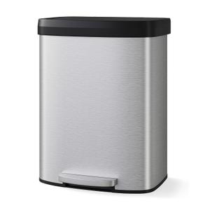 Garvee 16 gal / 60 L Stainless Steel Trash Can with Lid, Large Garbage Can for Kitchen, Rustproof Step-on Kitchen Metal Trash Bin with Liner Rim, Rear Handle, Soft Close Plastic Lid, Silver