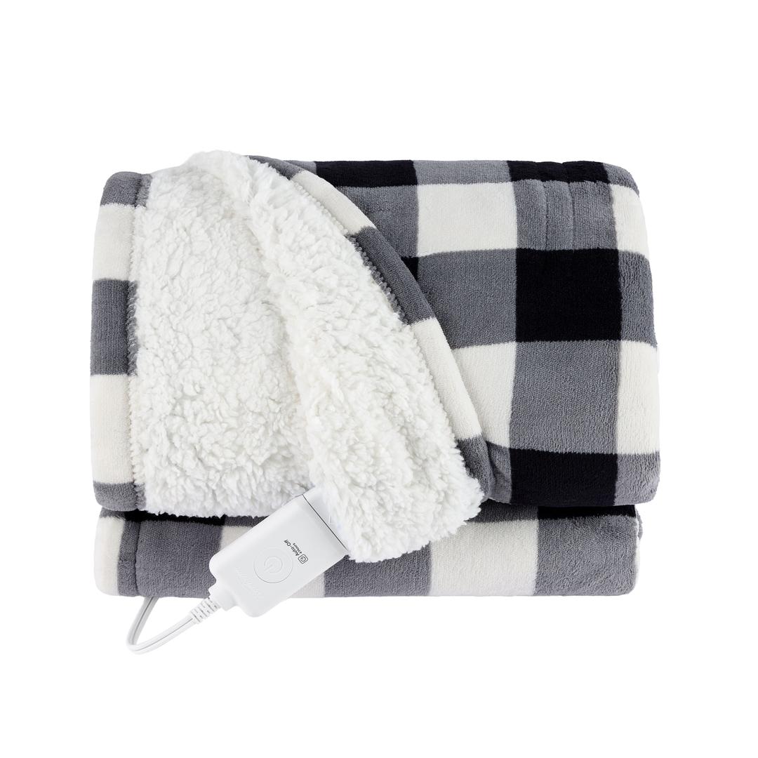 Sunbeam Heated Microplush Buffalo Plaid Throw Blanket - Black/White
 60x70"