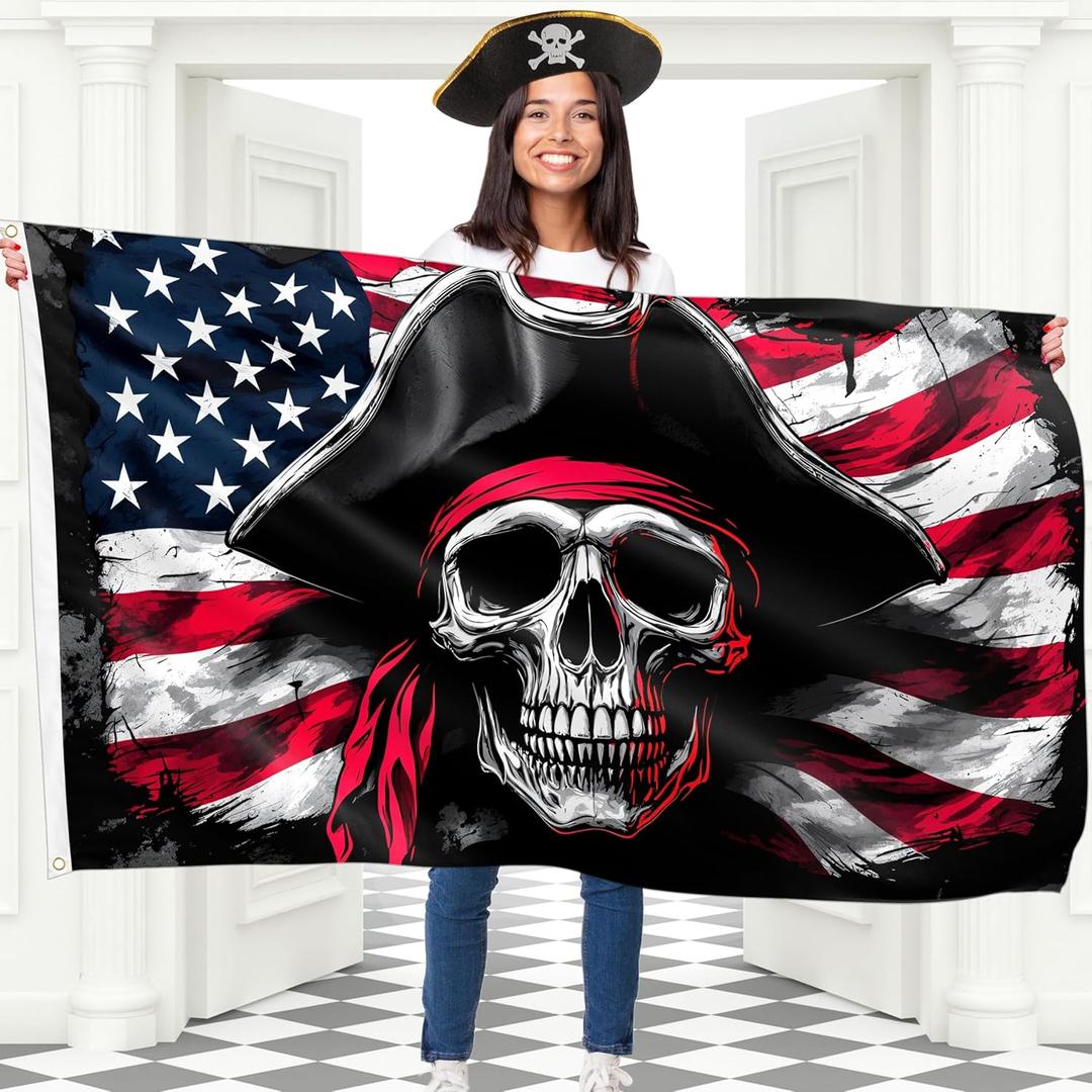 Pirate Flag On American Flag – Jolly Roger Flag On USA – Funny Flag – 110Den polyester - Double Seam - 2 brass eyelets, large 5ft x 3ft