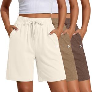Neer 3 Pack Women's Quick Dry Shorts Women Drawstring High Waisted Bermuda Athletic Shorts with Pockets (Brown) M