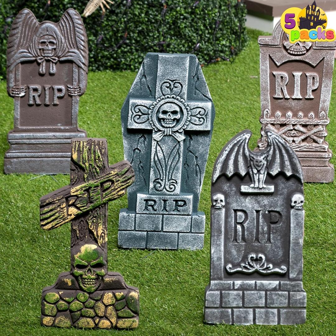 JOYIN 17 Halloween Foam RIP Graveyard Tombstones (5 Pack), Halloween Tombstones Outdoor Decorations for Graves Decorations with 12 Metal Stakes for Cemetery Yard Lawn Party Decor