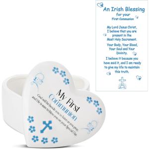 Funtery First Communion Gifts for Girls Ceramic Jewelry Keepsake Box with a Pray Card 1st Holy Communion Gifts for Girls Boys(Heart,Blue)