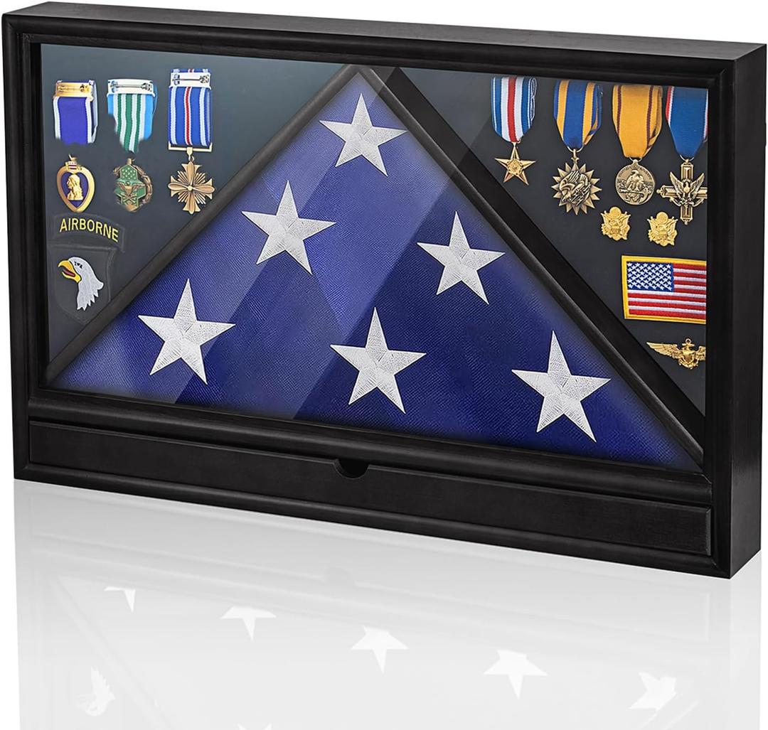 Flag Case for Burial Flag with Drawer Solid Wood Military Flag Display Case for 5'x9.5' Flag, Memorial Flag Holder for Home, School, or Government Use, for Badges Medals (Black)