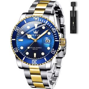 OLEVS Men's Watches with Date, Premium Gold and Silver Stainless Steel Analog Watches for Men, Classic Rotatable Bezel Men's Cuff Watches, Blue/Green/Black Dial