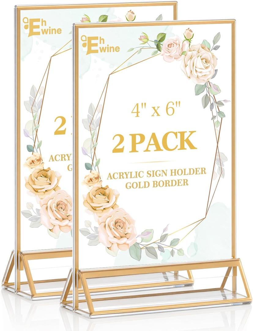 EHWINE 2 Pack Acrylic Sign Holder 4 x 6, Double Sided Gold Picture Frame Stand up Table Top Sign Holders, Clear Display Stand Menu Flyer Holder for Wedding Party
