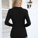 VICHYIE Womens Long Sleeve Shirts Lapel Collared V Neck Slim Fitted Ribbed Knit Trendy Tight Polo Tops (Black, M)