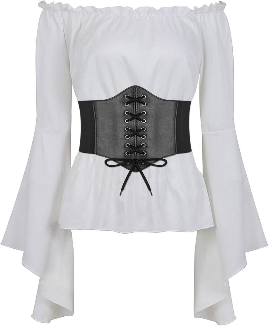 Halloween Women Renaissance Blouse Tops with Corset Waist Belt Medieval Victorian Off Shoulder Top Pirate Costume (Large, White)