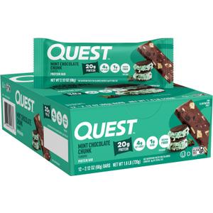Quest Nutrition Mint Chocolate Chunk Protein Bars, 20g Protein, 1g Sugar, 4g Net Carb, High Fiber, Gluten Free, Keto Friendly, 12 Count (EXP 02/10/26)