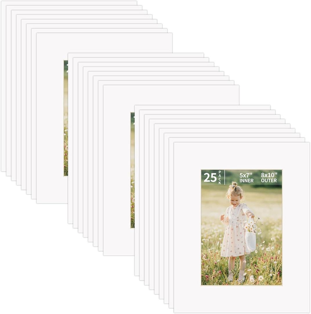 ZBEIVAN 8x10 White Picture Mats for 5x7 Pictures 25 Packs, Acid-Free White Core Bevel Cut Frame Mattes for Photos, Prints, Drawings, or Artworks