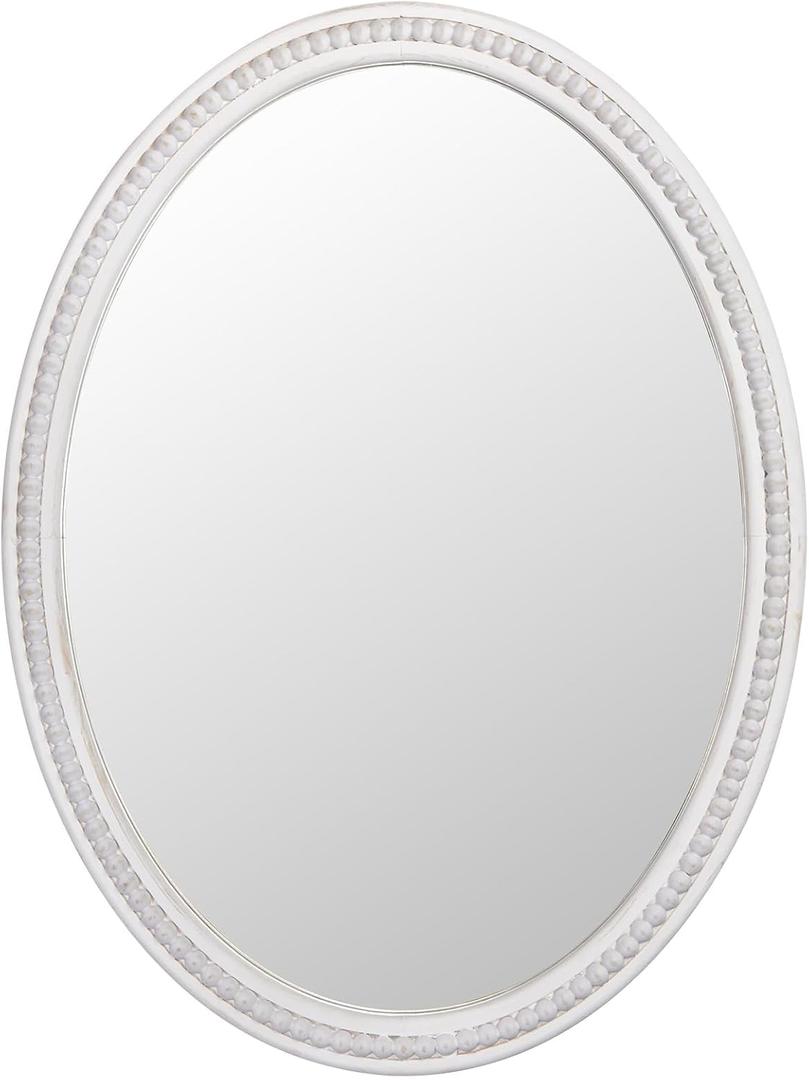 24" x 32" Wall Mount Wood Beaded Frame Oval Mirror, White Real Glass Modern Farmhouse Decorative Mirror for Bathroom Vanity, Entryway, Bedroom