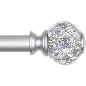 KAMANINA Silver Curtain Rod 32 to 58 Inch (2.6-4.8 ft), 7/8 Adjustable Single Curtain Rods for Windows 28 to 48 Inch, Decorative Splicing Drapery Rods with Crystal Translucent Finials