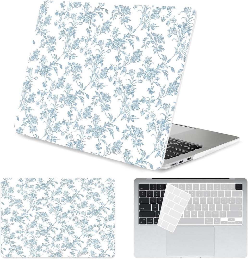 Seorsok Compatible with New MacBook Air 13.6 inch Case M4 M3 M2 2025 2024-2022 Release A3240 A2681 A3113 Touch ID,Elegant Sage Blue Flower Plastic Hard Shell Case with Keyboard Cover,Blooming Floral