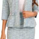 Allegra K Women's 2 Piece Skirt Sets 3/4 Sleeve Collarless Tweed Jacket Pencil Skirt Set Elegant Business Casual Outfit (Blue, L)