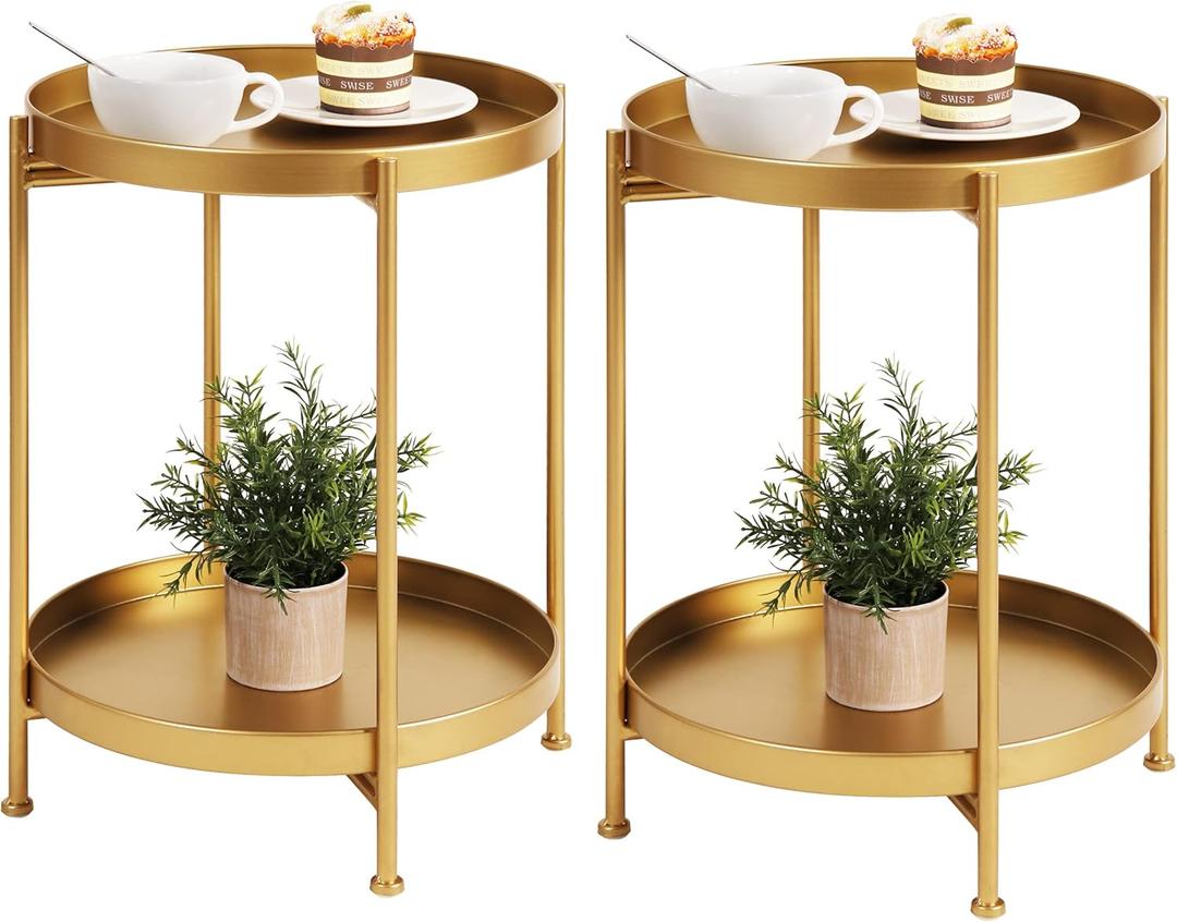 Tiita 2 Pack Round End Table Mental Side Table Nightstand/Small Wood Tables Accent Coffee Table with Wooden Tray for Living Room Bedroom Office Small Space (Gold)