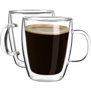 YUNCANG Double Wall Insulated Coffee Mugs, 16 Ounces - Clear Glass, Cappuccino & Latte Cups, Heat Resistant