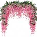 JUSTOYOU 3PCS 7FT 12 Stem Artificial Wisteria Vine Garland Fake Flower Wisteria Garlands for Outdoor Indoor Wedding Wall Bedroom Decoration(Fuchsia)