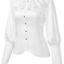 Women's Fashion Shirt Elegant Vintage Gem Brooch Ruffled Long Sleeve Blouse Medium