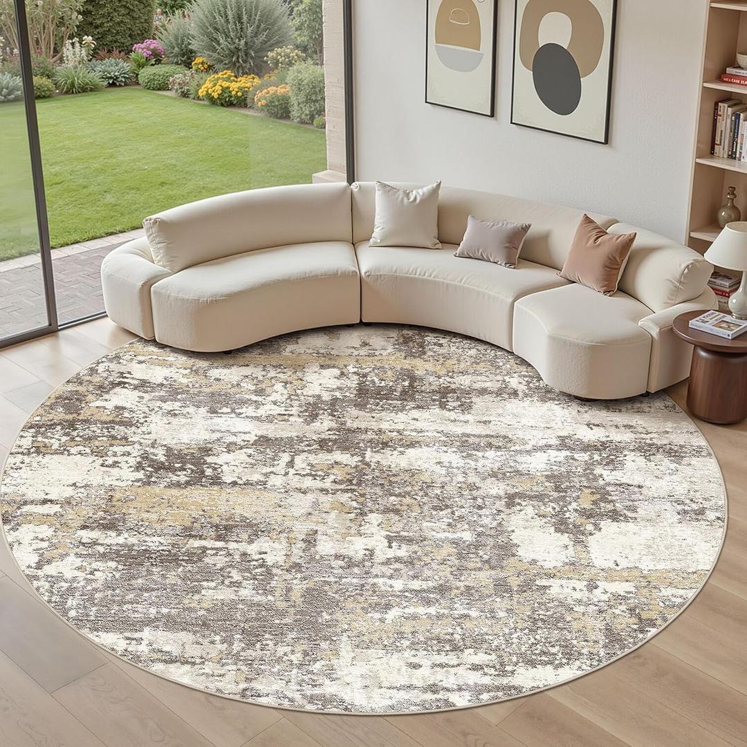 Area Rugs for Living Room: 10x10 Abstract Washable Rug Modern Neutral Large Soft Stain Resistant Non-Slip Backing Machine Table for Bedroom Dining Room Indoor Home Office Carpet - Gold Brown