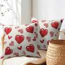 Valentines Day Pillow Covers 18x18 Set of 2 Beige Red Heart Throw Pillow Covers Love Pillowcase Linen Decoration Farmhouse Holiday Cozy Soft Cushion Case Couch for Indoor Outdoor Home Decor