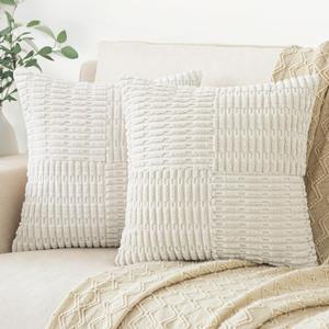 Softalker Throw Pillow Covers 16x16 Inch, Spring Outdoor Set of 2 Fluffy Corduroy Boho Textured Pillow Covers Modern Decorative Pillow Case for Classroom Balcony Patio Couch, Cream