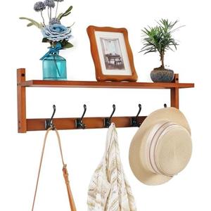 Exper City Coat Rack Wall Mount with Shelf, 26IN Wooden Coat Hanger Hooks Wall Mount with 5 Metal Hooks, Hanging Shelf with Hooks, Retro Walnut