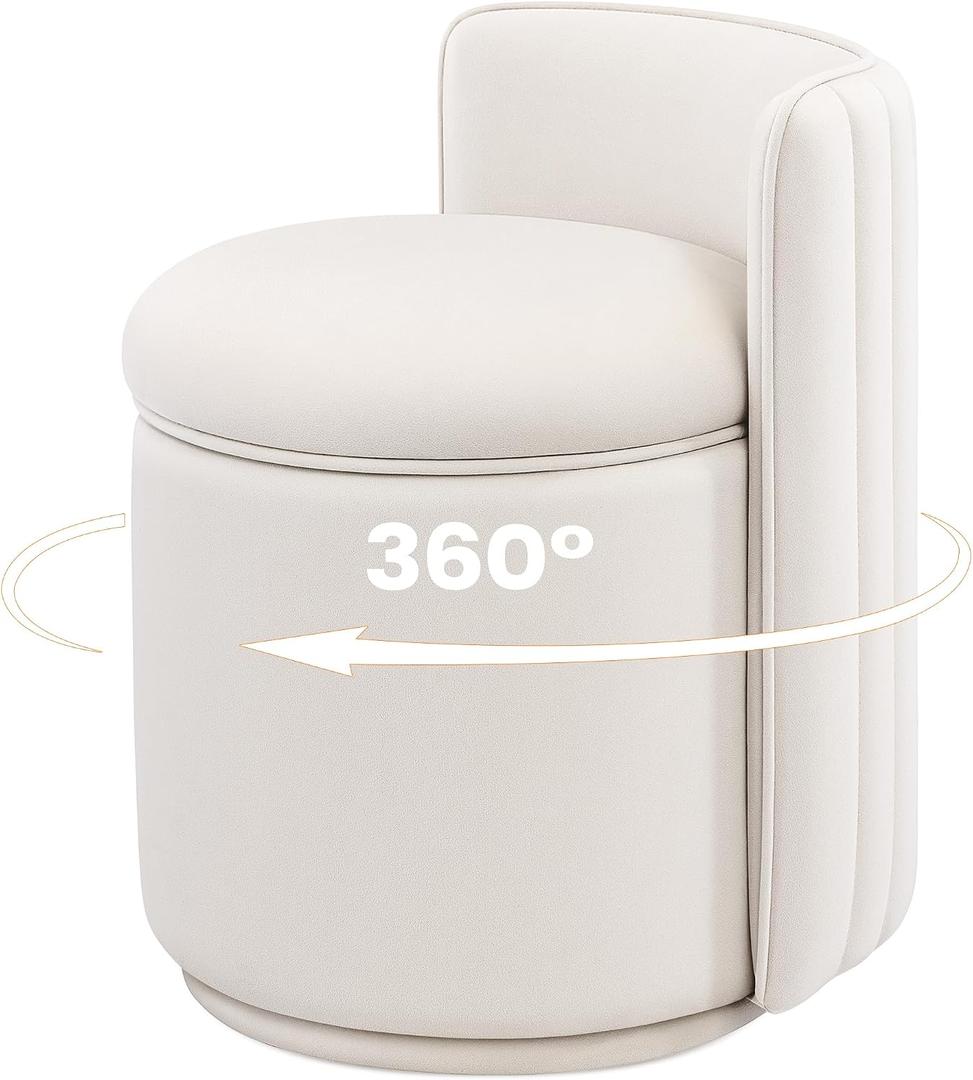 Vanity Chair with Storage, 360° Swivel Velvet Makeup Stool with Wave Backrest, Modern Round Upholstered Closet Stool, No Assembly for Bedroom, Dressing Room & Living Room, White