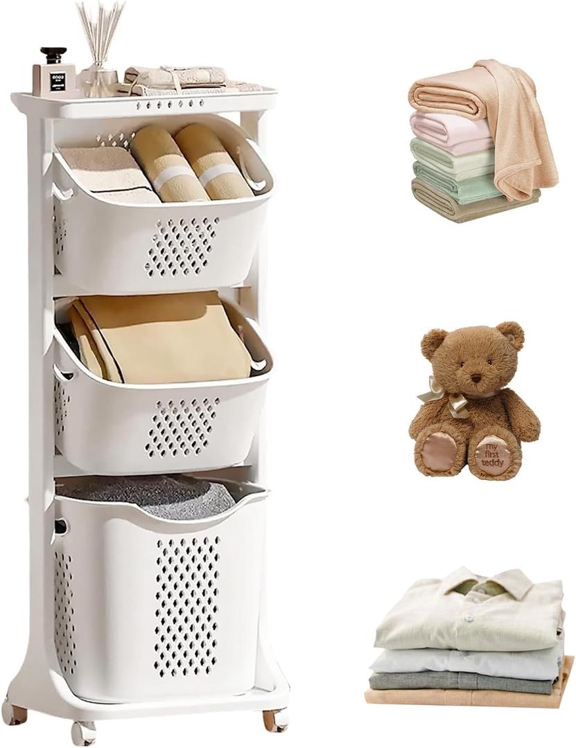 Rolling Laundry Hamper Cart with Wheels, 3 Tier White Laundry Baskets, Clothes Hamper with Portable Storage Baskets for Kitchens, Bathrooms, Bedrooms, Classrooms, Laundry Rooms(75L) Rolling Laundry Hamper Cart with Wheels, 3 Tier White Laundry Baskets, Clothes Hamper with Portable Storage Baskets for Kitchens, Bathrooms, Bedrooms, Classrooms, Laundry Rooms(75L)