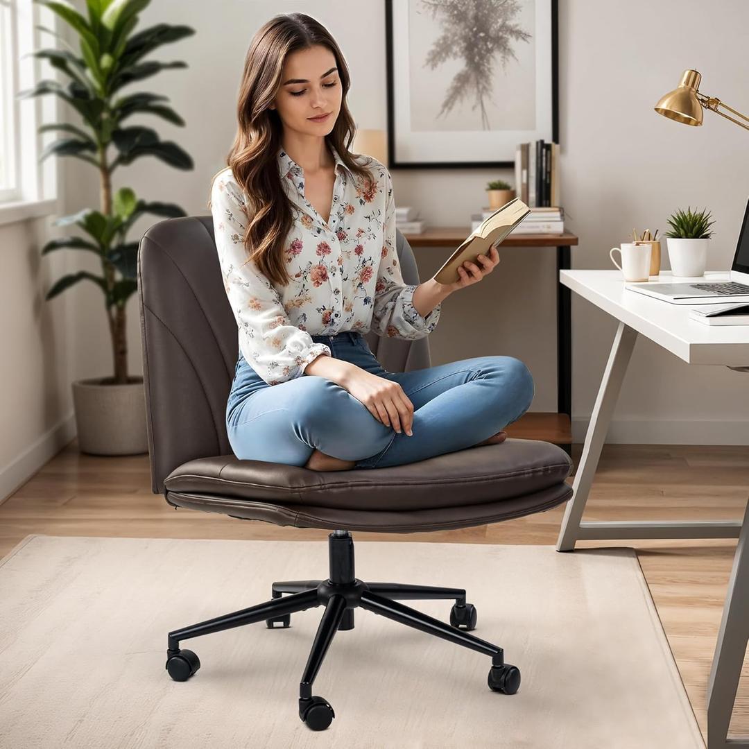 DROGO Cross Legged Office Chair for Work at Home, Pu Leather Accent Chair for Long Hours Sitting Comfort, Armless, Adjustable Height & Tilt Lock Recline |Swivel Computer Chair for Home Office (Brown)