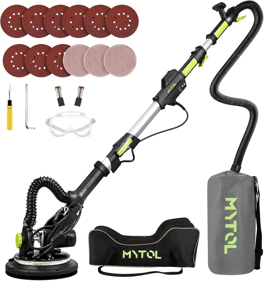 Drywall Sander, 7.2A Electric Drywall Sander with Vacuum Dust Collection, LED Light, 6 Variable Speed Digital Display 900-1800RPM, Foldable & Extendable Handle, 9 Sanding Discs&3 Grid Sandpaper (Green)