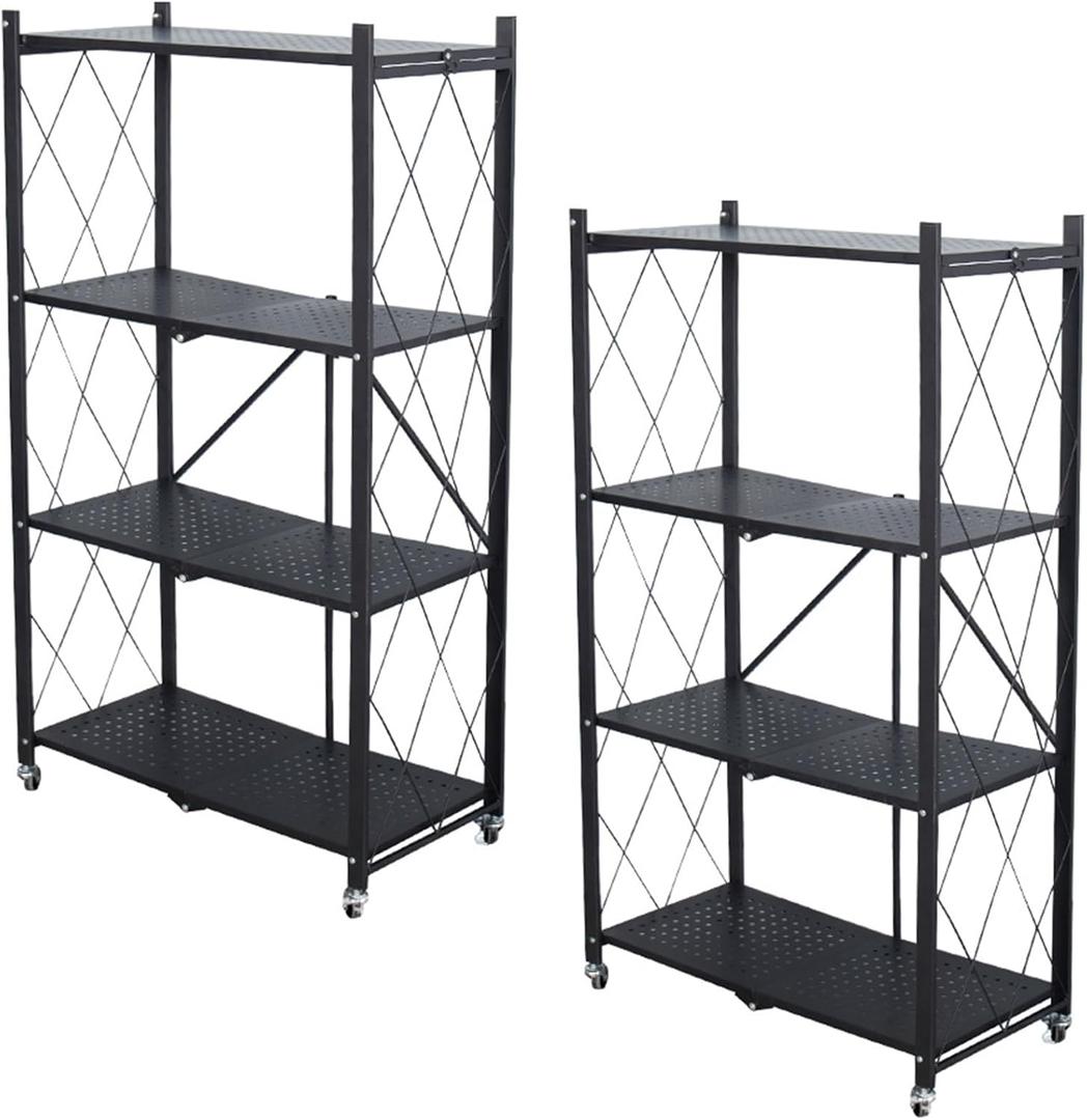 Life Hacks 2pcs 4-Tier Foldable Shelves for Storage, No Assembly Required, Folding Shelf Unit Pantry Shelves with Wheels, Metal Shelving Storage Rack Shelf for Kitchen Garage Home (Black)