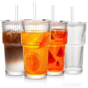 20oz Ribbed Glass Tumblers with Lids and Glass Straws - 4-Piece Set, Thickened for Iced Coffee, Smoothies, Cocktails and Juices - Elegant Durable for Home, Office, Travel (Clear)