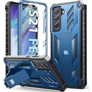 For Samsung Galaxy S21FE Phone Case: DualLayer Military Grade Drop Proof Full Protection Cover with Kickstand | Durable Rugged Shockproof TPU Matte Textured Tough Protective Bumper Shell (Blue)