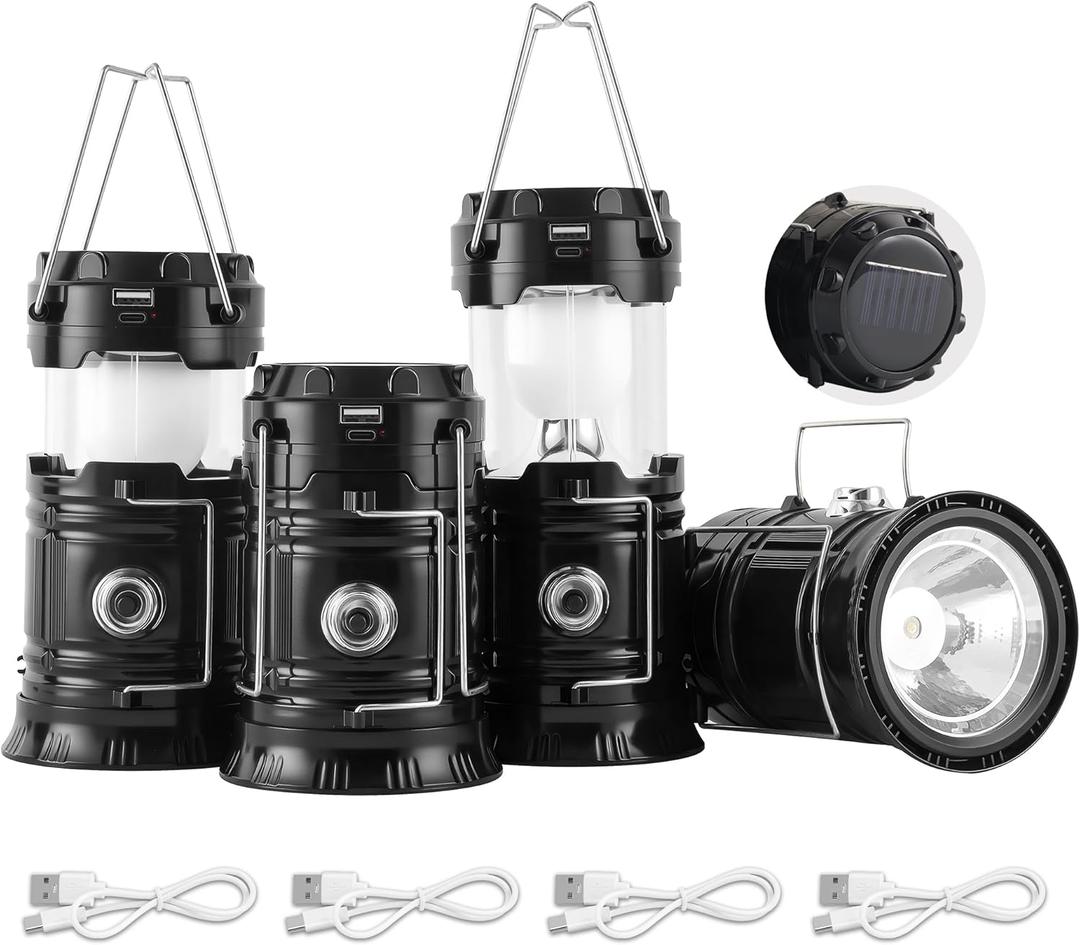 Lichamp Collapsible Portable Solar Camping Lantern, USB Rechargeable LED Flashlight - Survival Kits for Power Outages Hurricane Supplies Emergency, Indoor & Outdoor, 4-Pack, Black