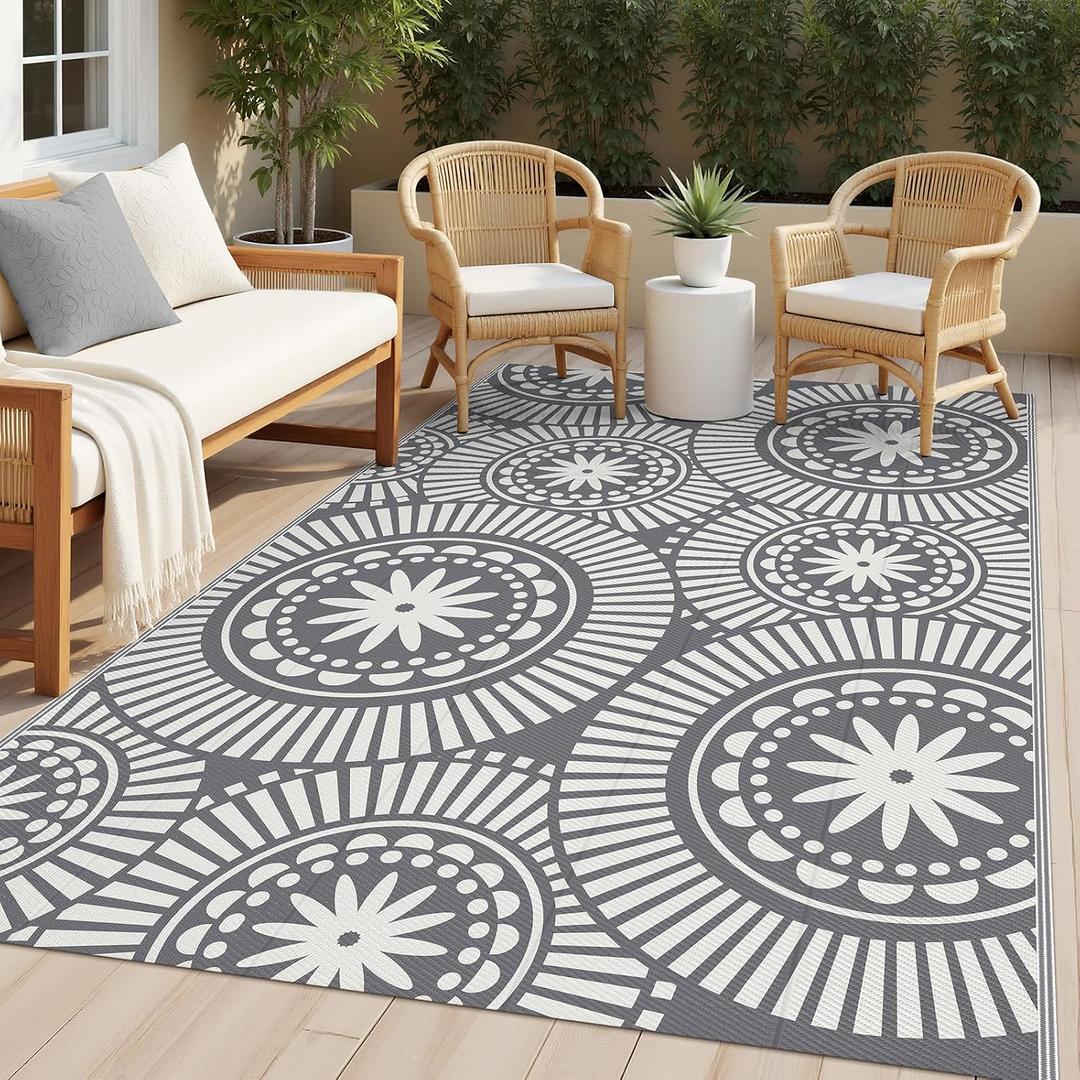 Ileading Reversible Plastic Outdoor Rug Modern Geometric Style Patio Straw Mat Waterproof Deck Carpets Non Shedding Portable Area Rugs for RV Beach Backyard Outside Pool Picnic Camping (5'x8'Grey)