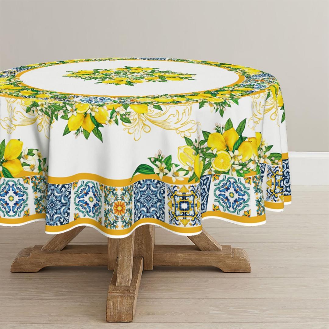 Horaldaily Summer Tablecloth 9090 Inch Round, White Yellow Lemon Vintage Pattern Washable Table Cover for Party Picnic Dinner Decor