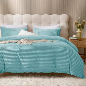 JELLYMONI Plush Duvet Cover Set - Queen Size Baby Blue Striped Fluffy Comforter Cover 3pcs Bedding Set Luxury Ultra Soft Faux Fur Duvet Cover with Zipper and 2 Pillowcases (NO Comforter)