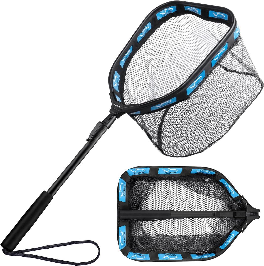 PLUSINNO Floating Fishing Net for Steelhead, Salmon, Fly, Kayak, Catfish, Bass, Trout Fishing, Rubber Coated Landing Net for Easy Catch & Release, Compact & Foldable for Easy Transportation & Storage (11.8"/30cm Hoop Size 0.8M Blue (Fixed Pole))