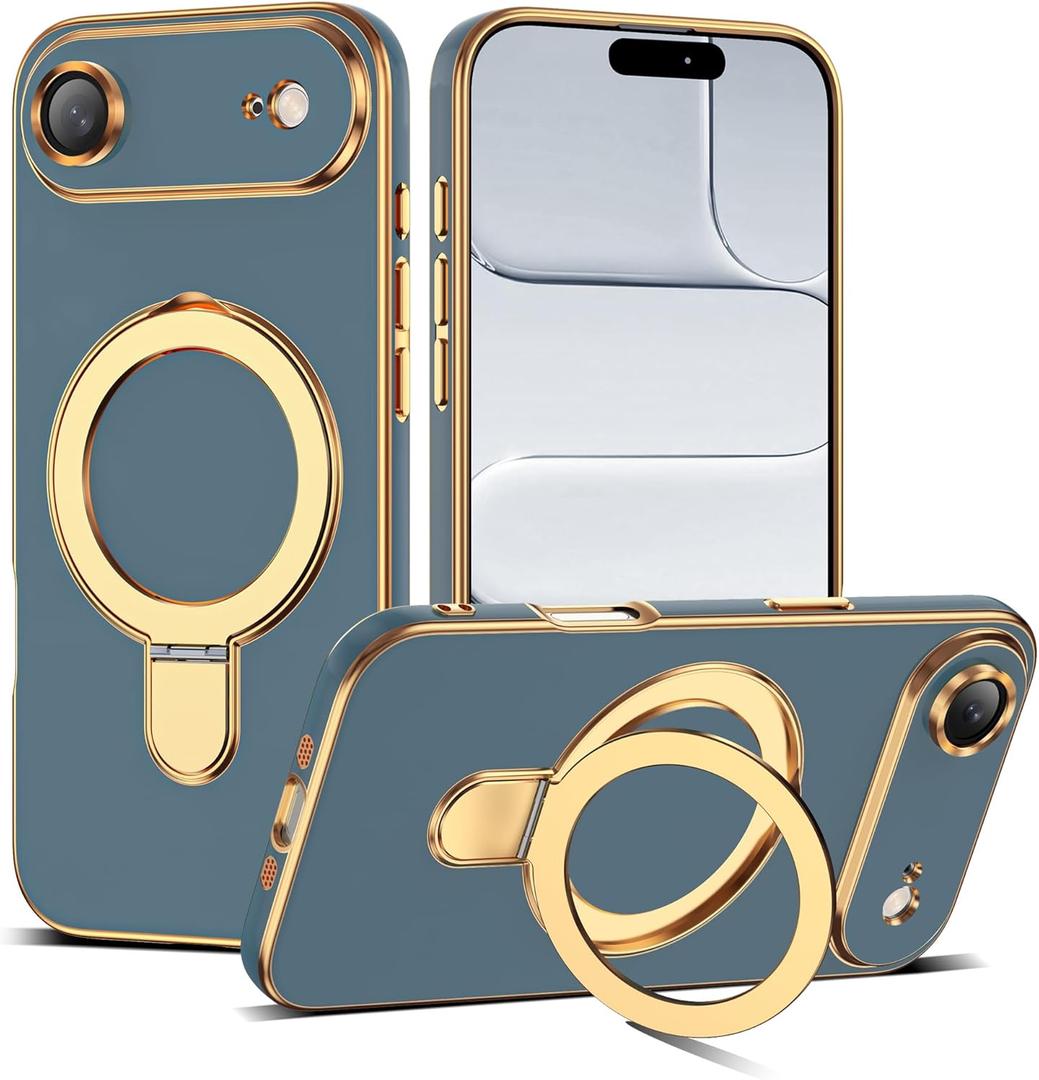 Compatible with iPhone 17 Air Case with Magnetic Ring Stand [Compatible with Mag-Safe] [Full Camera Lens Protector] Soft Plating Phone Case for iPhone 17 Air 6.5", Grey Blue