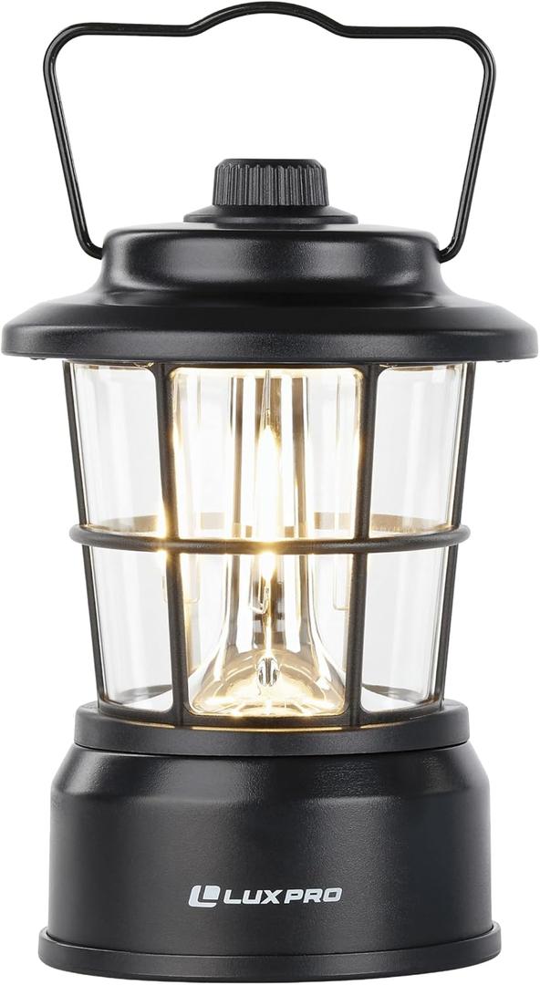 LUXPRO Retro LED Lantern - Battery-Powered Emergency Lantern - Water Resistant - Bright LED Lamp for Indoor & Outdoor Use - Use for Tents, Hiking or Hurricane Prep - Black