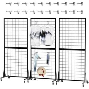 3-Pack 2' x 5.5' Grid Wall Panels Standing Wire Grid, Display Rack with T-Base Wheels Freestanding Gridwall Panel Tower for Shop, for Art Fairs Black
