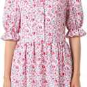 Christmas Pink Floral Dress Costume Women's Cosplay Party Lady Outfit Classical Movies Short Sleeve Fancy Dress Suit (XL)