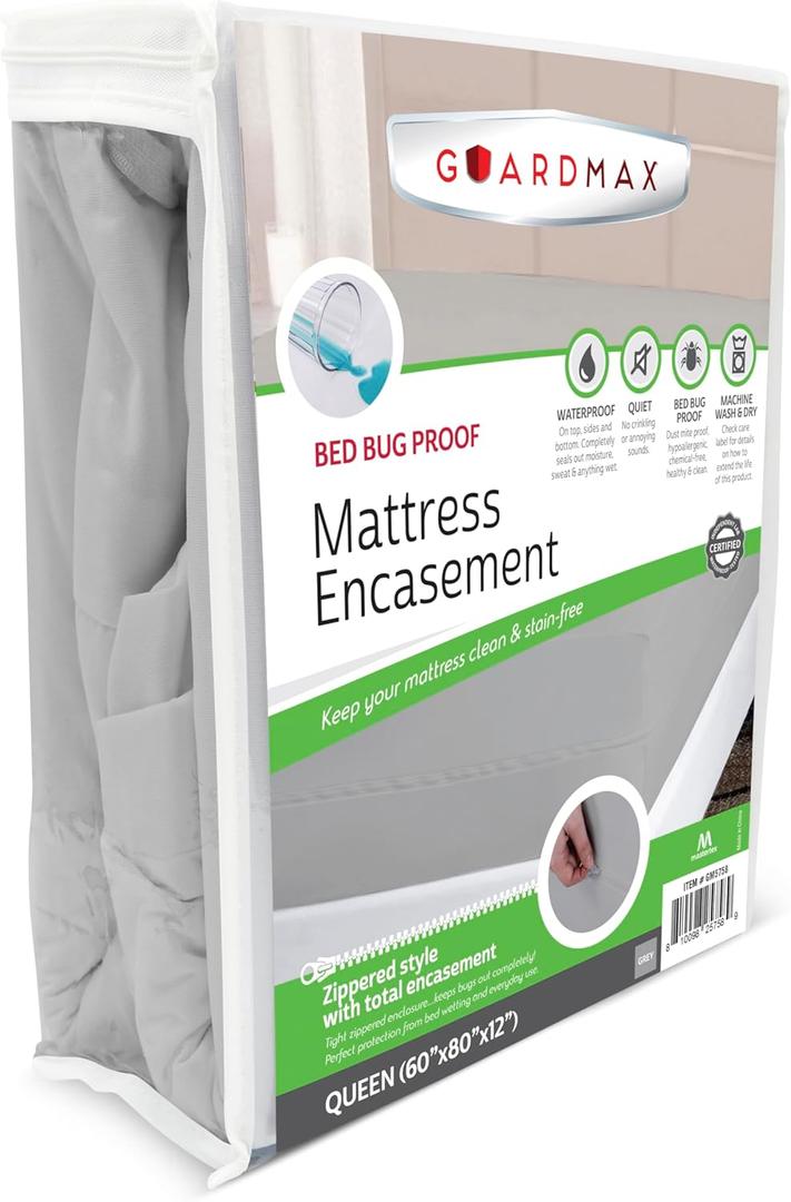 Guardmax Jersey Knitted Queen Zippered Mattress Encasement - Waterproof & Bed Bug Proof Mattress Protector - Comfortable, Soft, and Noiseless Zippered Bedding - Dust Mite Proof (60 x 80 x 12) (Gray)
