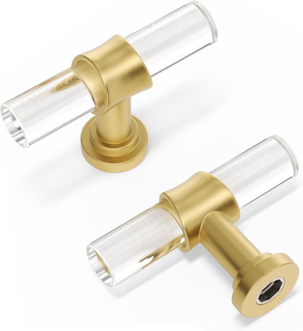 Peaha 10 Pack Cabinet Knobs T Shape Acrylic Drawer Knob Gold Decorative Hardware for Dresser Cupboards (Single Hole)