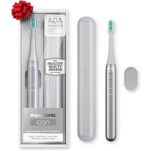 Aquasonic Icon ADA-Accepted Rechargeable Toothbrush | Magnetic Holder & Slim Travel Case | 2 Brushing Modes & Smart Timers | Gentle Micro-Vibrations (Stone) (1 Count (Pack of 1))