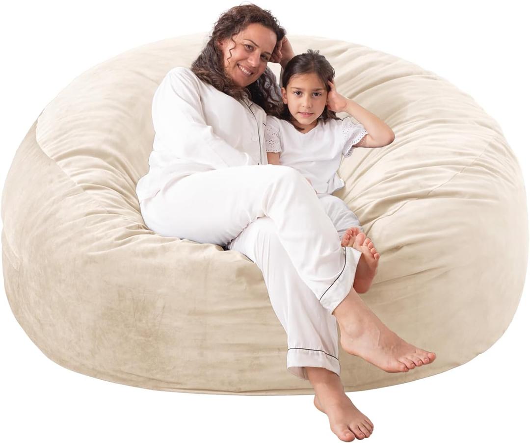 Giant Bean Bag Chair: 6 ft Memory Foam Bean Bag Chairs for Adults/Kids,Bean Bag Chair with Fillings,Soft Faux Fur Fabric - Dutch Velvet, Beige, 6 Foot