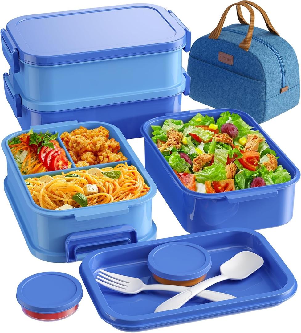 KEMETHY Adults Bento Lunch Box Set with Thermo Bag, 74oz Stackable Leak-proof 3-tiers Bento Box, Built-in Utensil and Sauce Container for Work, School, Dining Out (Blue)
