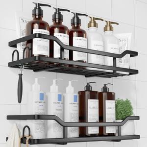 Kitsure Shower Caddy - 2 Pack, No Drilling Shower Organizer with 8 Hooks, Rustproof Stainless Steel Shower Shelf for Inside Shower, Wall Mounted Shower Rack for Bathroom, Kitchen, Black (X-Large)